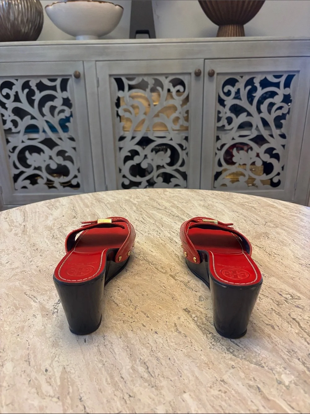 Tory Burch Red Patent Slide Mules with Gold Logo
